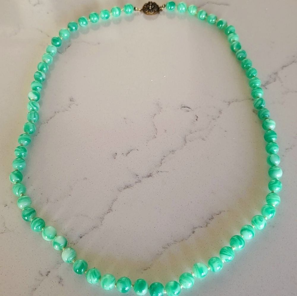 Antique Green Glass Bead Necklace circa 1950's